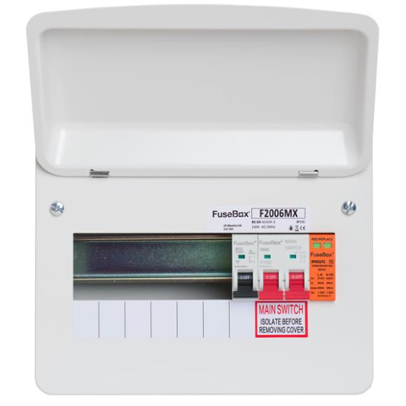 FuseBox F2006MX 6 Way T2 SPD Metal Consumer Unit with 100A Main Switch 18th Edition 