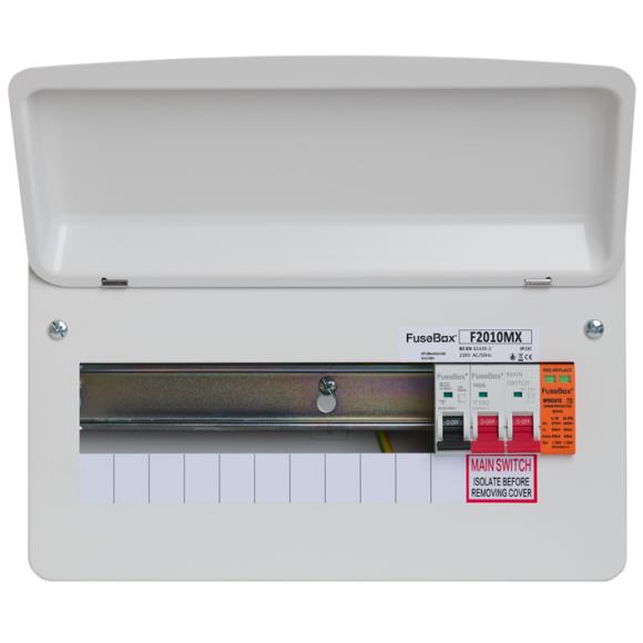 FuseBox F2010MX 10 Way T2 SPD Metal Consumer Unit with 100A Main Switch 18th Edition 