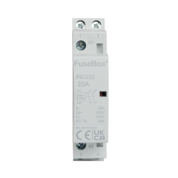 FuseBox INC202 Contactor DP 20A 230V N/O 2 Pole Heating Lighting Din Rail Mount