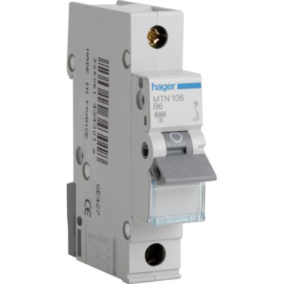 Hager MTN106 Single Pole MCB Type B 6A