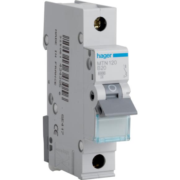 Hager MTN120 Single Pole MCB Type B 20A
