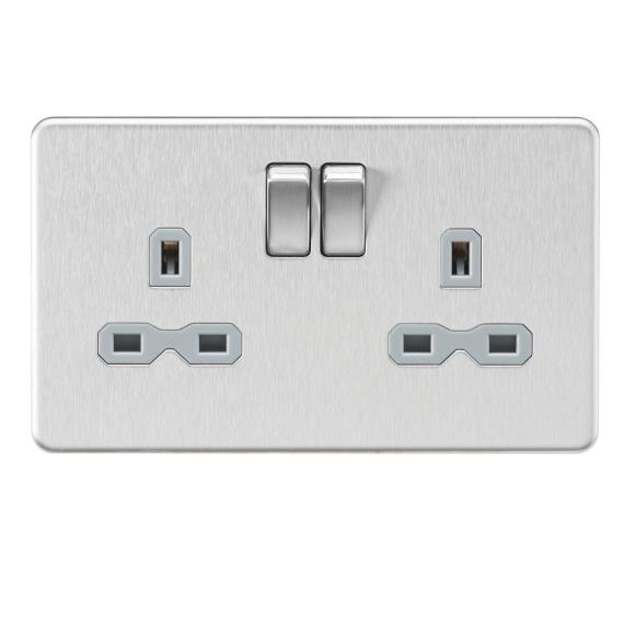 Knightsbridge Screwless SFR9000BCG DP 2G Switched Socket - Brushed Chrome Grey Insert