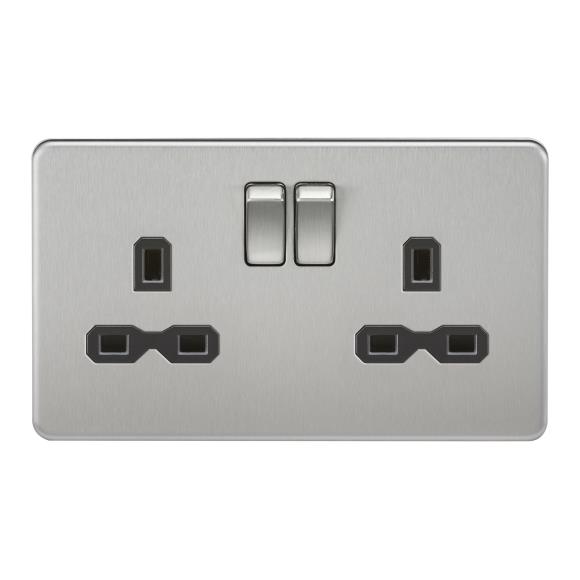 Knightsbridge Screwless SFR9000BC DP 2G Switched Socket - Brushed Chrome Black Insert