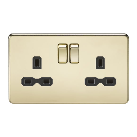 Knightsbridge Screwless SFR9000PB DP 2G Switched Socket - Polished Brass Black Insert
