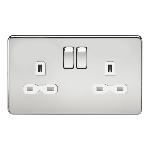 Knightsbridge Screwless SFR9000PCW DP 2G Switched Socket - Polished Chrome White Insert