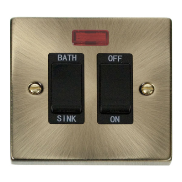 Click VPAB024BK 20A DP Sink /Bath Plate Switch with Neon - Antique Brass Black Insert