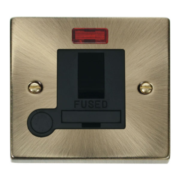 Click VPAB052BK 13A DP Switched Fused Connection Unit with Flex Outlet & Neon - Antique Brass Black Insert